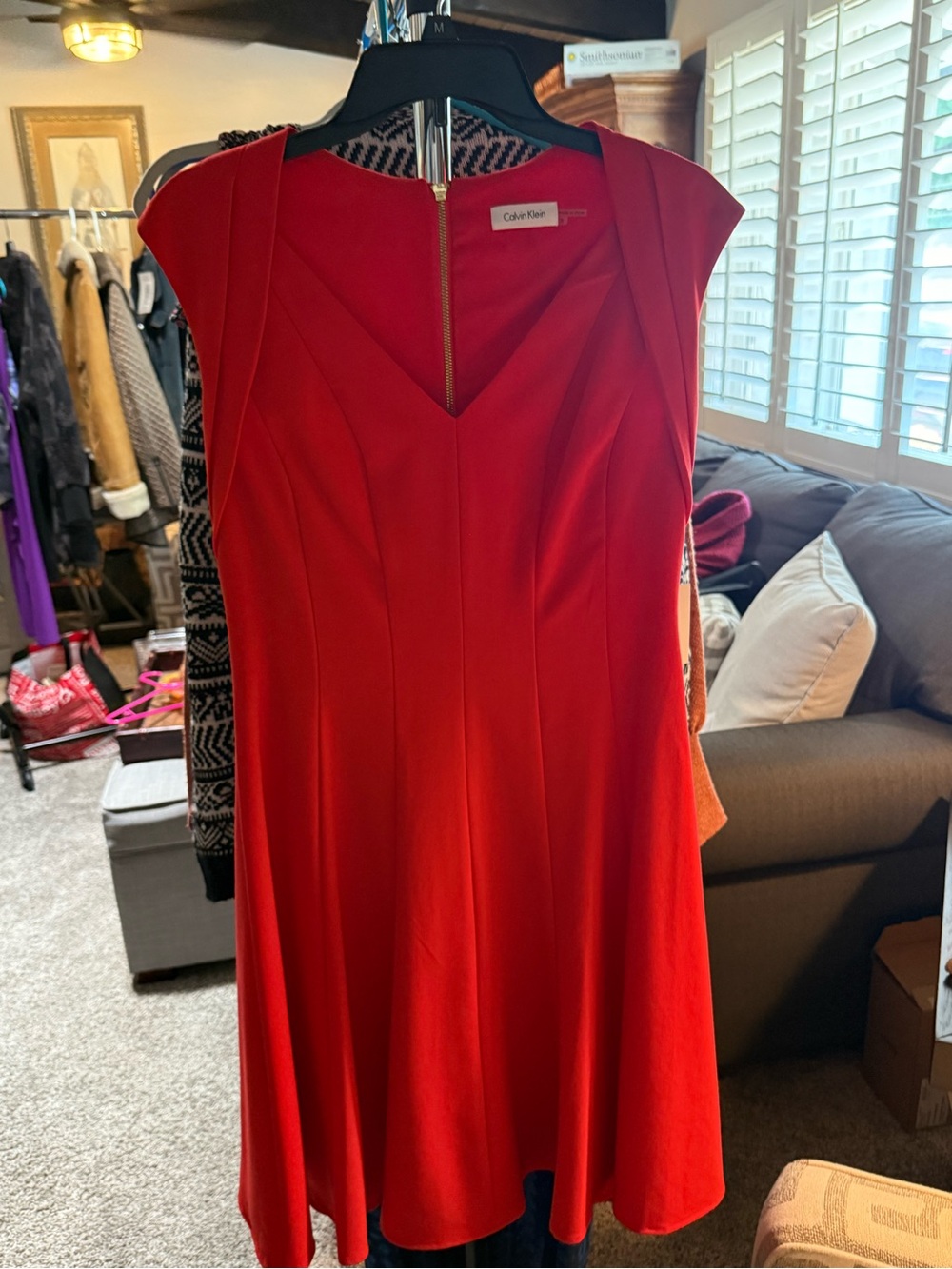 Calvin Klein NWT 8 Bright Red V-Neck A-Line Midi Dress